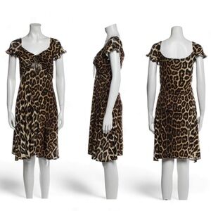 Just Cavalli Brown and Tan A-line Midi Dress with Flutter Sleeves